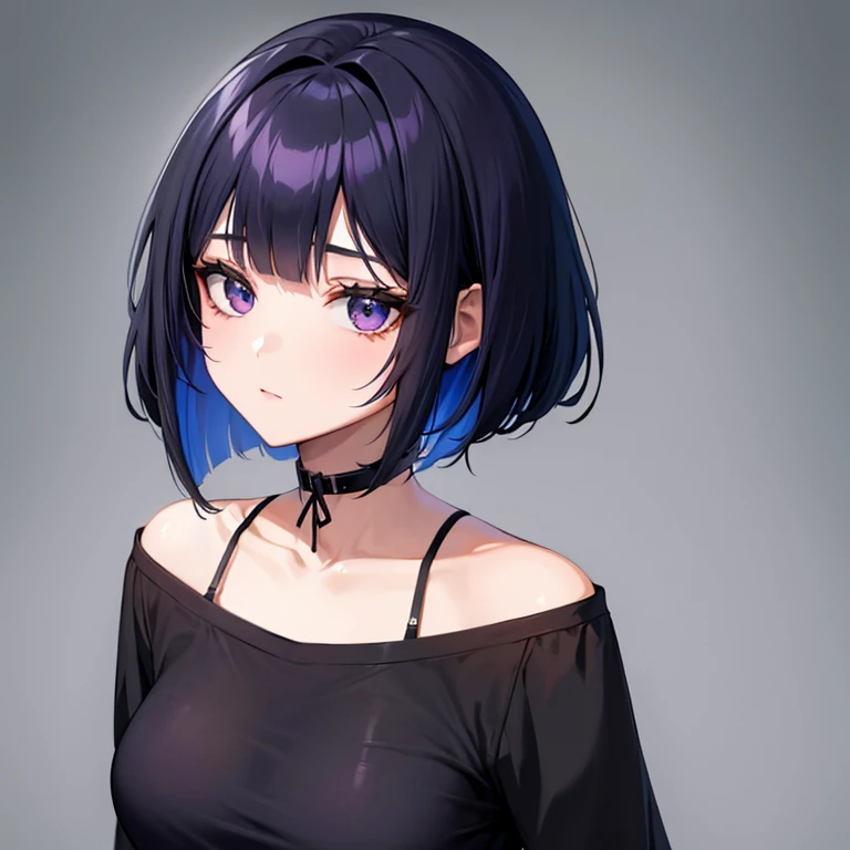 anime girl, cabello bob corto negro con azul, delgada, cadera grande, tiny breast, ropa casual en color negro con violeta