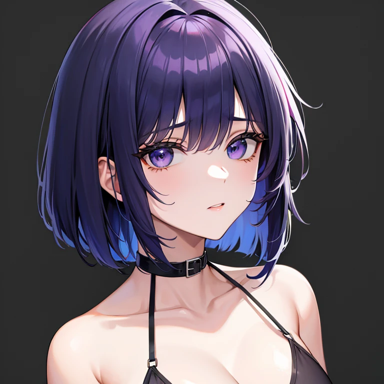 16 year old anime girl, cabello bob corto negro con azul, delgada, cadera grande, tiny breast, ropa casual en color negro con violeta