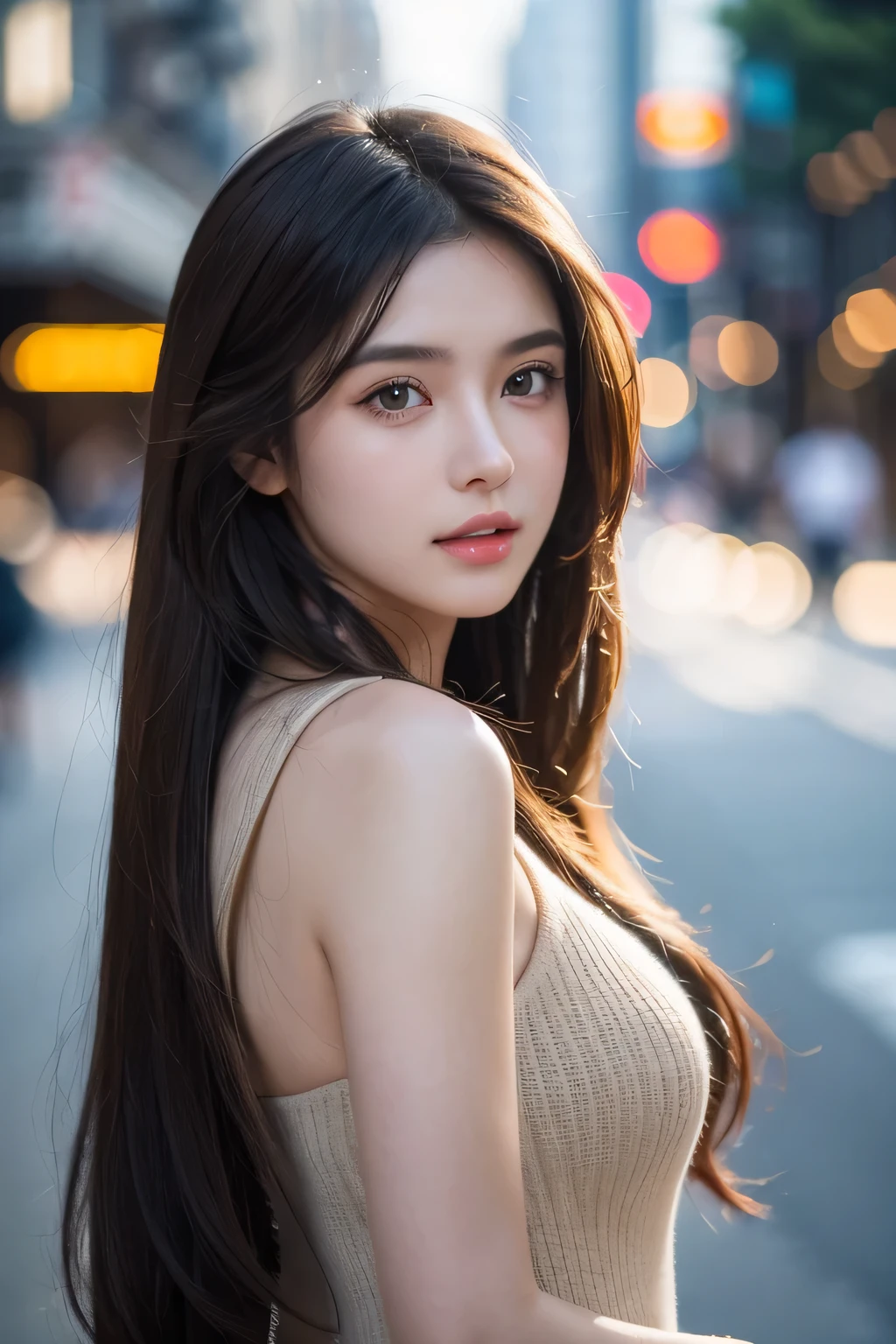 Stable Diffusion prompt:
a girl, long hair, dark brown hair, street dress, detailed eyes, detailed lips, beautiful face, confident expression, natural lighting, highres, realistic, vivid colors, urban landscape style, bokeh