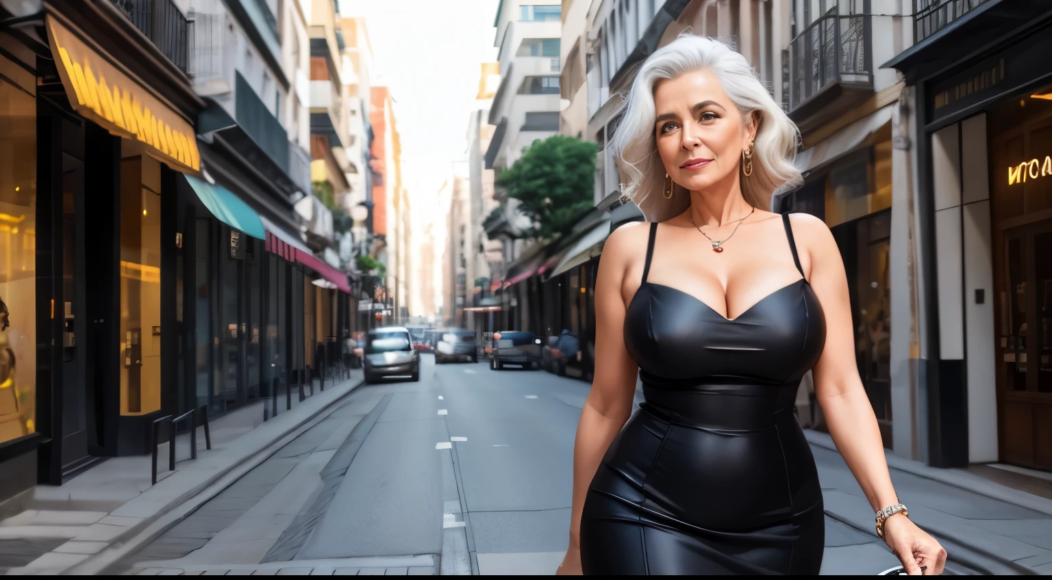 Aos 60 anos, this Belgian woman parades through urban streets with unshakable confidence, irradiando uma sensualidade cativante em seu deslumbrante vestido longo de seda cor vinho. Seu traje, uma obra-prima de escolhas cuidadosas, embraces your curves in an enveloping way, elegantly shaping your body and revealing a subtle neckline that adds an irresistible hint of sensual authenticity.

O tecido luxuoso do vestido flui graciosamente ao redor de sua figura, combining the serenity of age with modern elegance. Neste contexto urbano, its presence stands out in an imposing way, contrastando com a paisagem da cidade de uma forma que celebra a diversidade e a beleza de uma mulher mais velha.

Every step she takes is a celebration of a life lived fully, with her delicately styled gray hair adding a layer of sophistication and experience to her image. Seu sorriso, enlightened by countless experiences, reflects not only beauty, but also an unshakable confidence.

Os olhos, agora mais serenos e expressivos, capture the pulsating essence of the city, revealing a woman who embraces modernity with grace and charm. A pele, a tapestry of stories and experiences, highlights its unique authenticity amidst the urban hustle and bustle.

This enhanced portrait highlights this older woman&#39;s compelling presence, underlining her captivating beauty that stands out elegantly in the urban settings she explores, a true muse of sophistication and confidence, celebrating the sensuality and elegance of maturity.