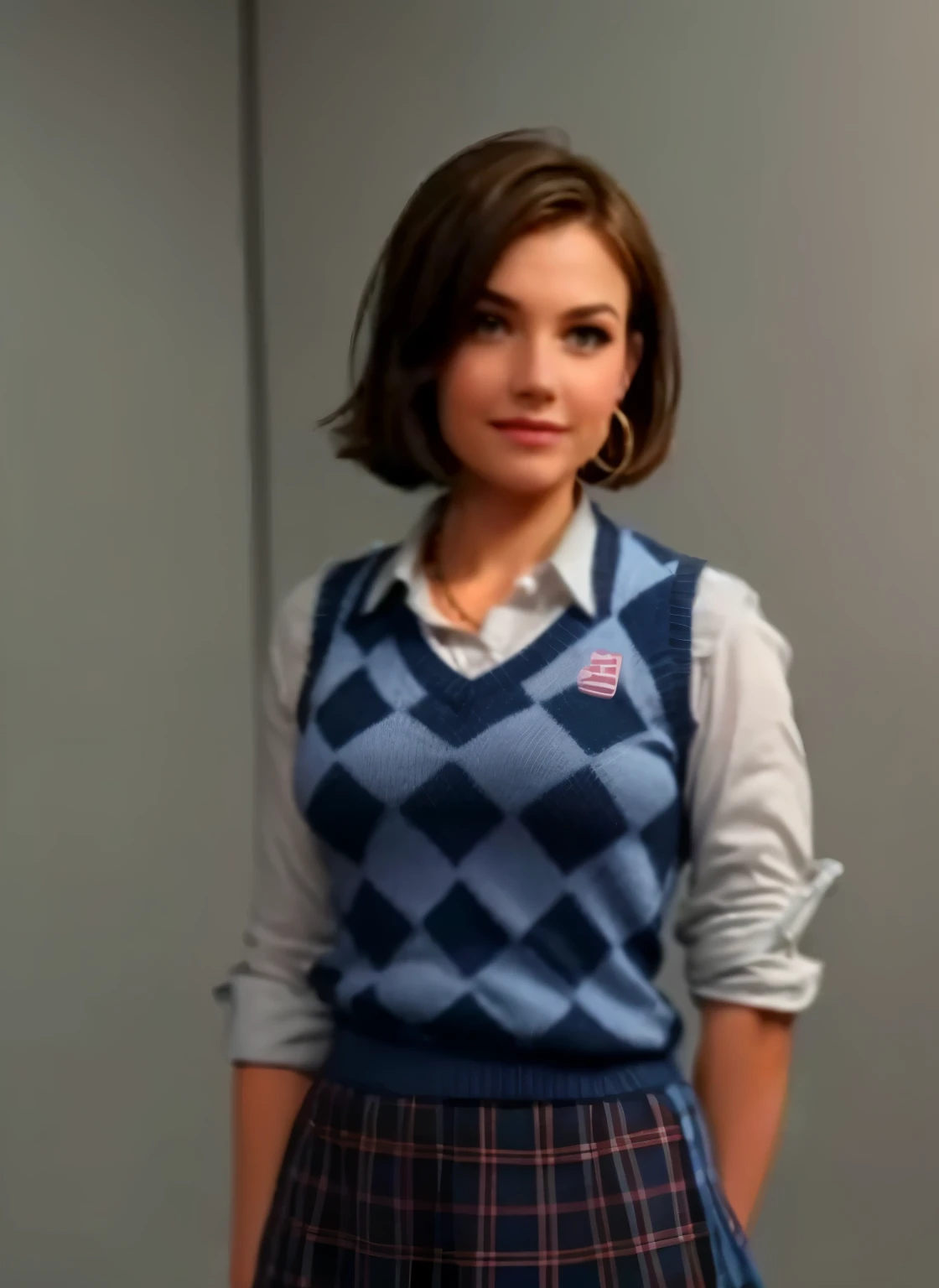 brown hair, blue diamond pattern sweater vest, white school shirt, sleeves rolled up, checkered blue skirt school logo on upper left of the sweater, pink nail polish, short hair, blue eyes, pink lipstick, glossy lipstick, 17 year old girl, gold necklace, light eyeshadow and blush, gorgeous smile, looking at camera, blushing, rich girl attitude