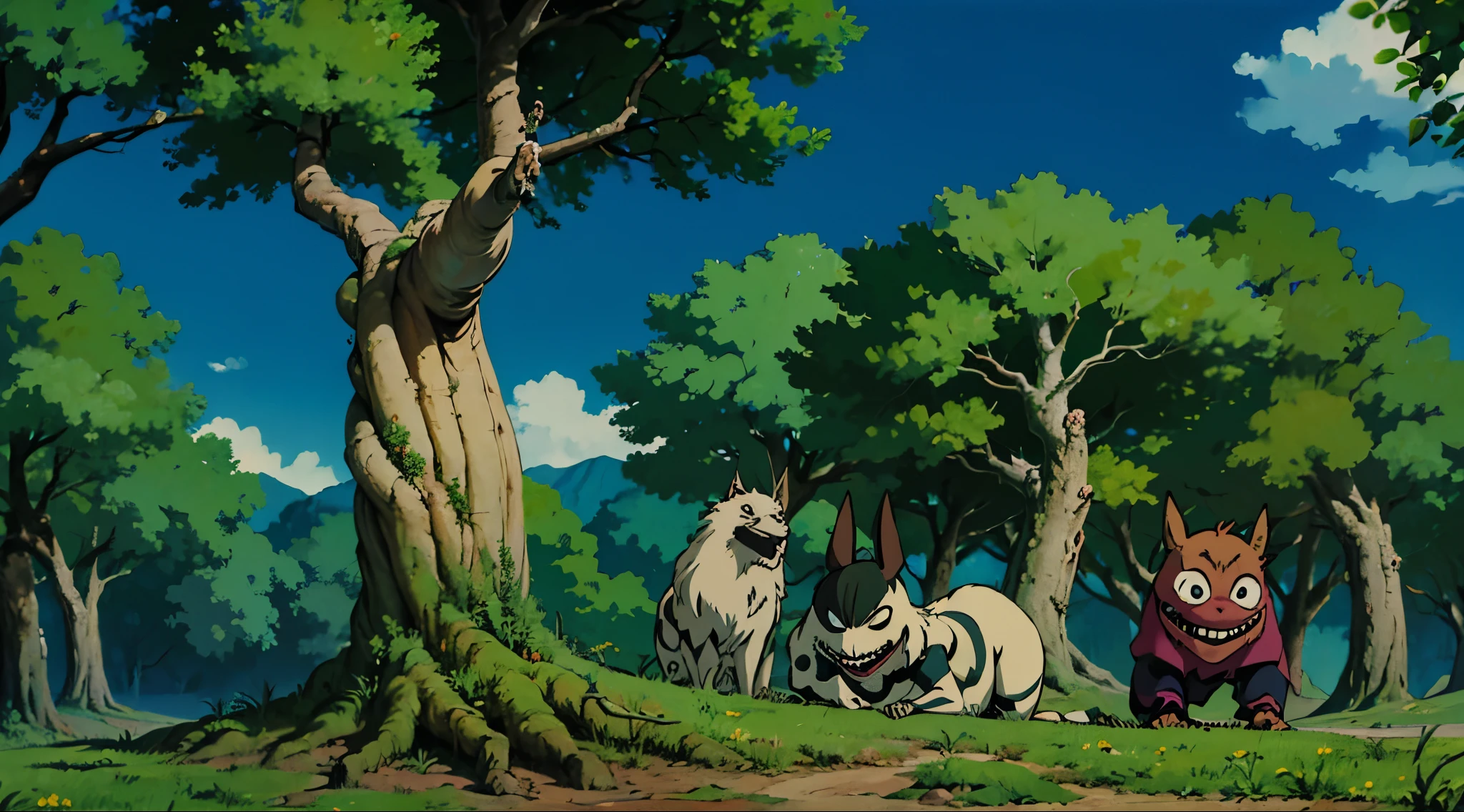 gegege no kitarou, muitas arvores e montanhas no horizonte. Locas mistico e tenebroso. Estilo anime. detalhes intrincecos