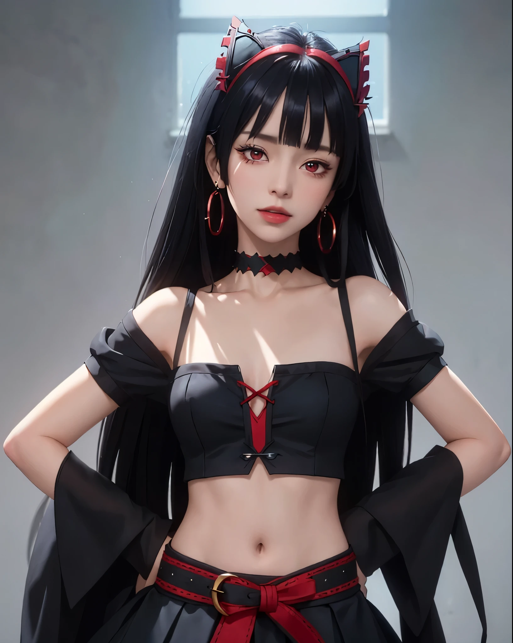 (masterpiece, best quality, 1girl, solo, intricate details, chromatic aberration), (realistic),(skin),((rory mercury)), ((breath)),(black hair,blunt bangs),detailed hair, red head ornament, blue highlights, hair over one eye,red eyes, small earrings, sharp eyes, choker,((black crop top )),(skirt),open waist,(symmetry eyes),(perfect symmetrical body), night,(((natural light))),backlighting,against grey  wall, dim lighting ,look at viewer,((centered shot, from front,(face and waist))) ,