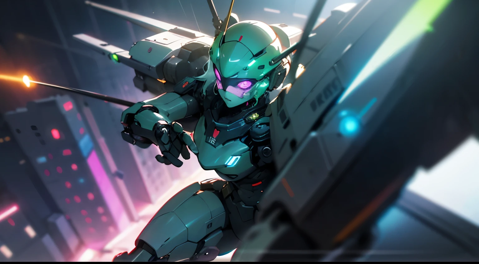 1girl robot, robotic face, full helmet, chrome skin, blue trim, intricate detail, green neon, purple eyes(glowing), mechanical mask, Action: Fly-kick a tank, Background: City, Cyberpunk, dynamic, absurdres, volumetric lighting, chiaroscuro, high res, ultrasharp, 8k, masterpiece