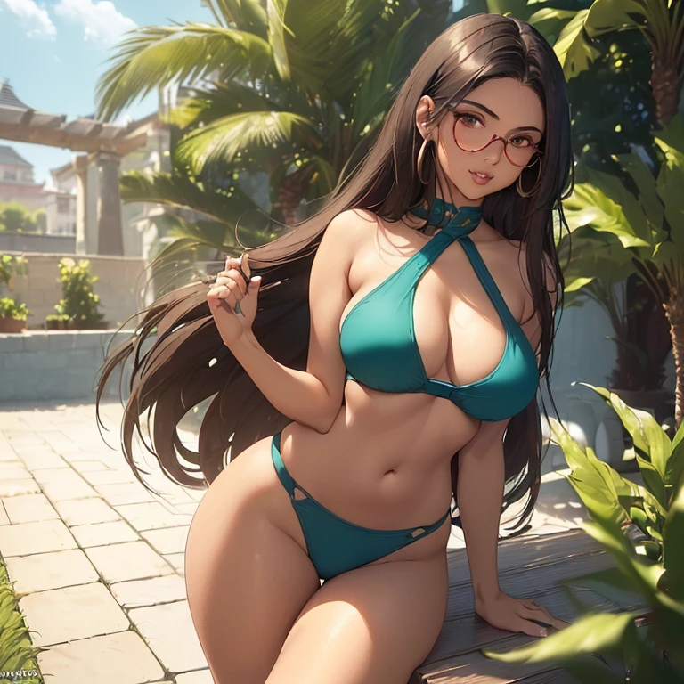 ((1mujer)、((19 years old)、alta calidad, greenish blue, Dark brown hair with straight hair, light brown skin, background of a patio, ((happy and relaxed), body with wide hips, breasts size 85,tiny waist, oval red lenses, attractive woman, perfect nose and sensual lips