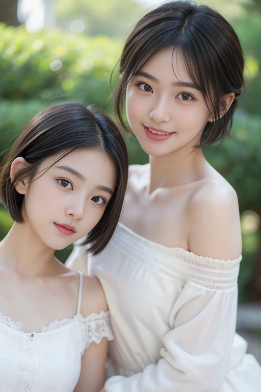 (((​masterpiece))),  (Two Japan Beautiful Girls, couple focus, classmates, Pure and innocent，kawaii) ，超A high resolution, Realistic, ultra-detailliert, 8K,top-quality, Extremely detailed, Detailed background,A slender,very beautiful japanese girl, Detailed face:1.3), (Boyish short-haired，A dark-haired :1.4), (a baby face，kawaii系,adorable 14 year old girls), (Perfect body:1.1), White lace dress, Please show me your beautiful teeth，Bursting smile, beautiful off shoulder clavicle、Scrunchie,Super Detailed Face、Detailed lips、A detailed eye、small gravure idol，Transparent skin