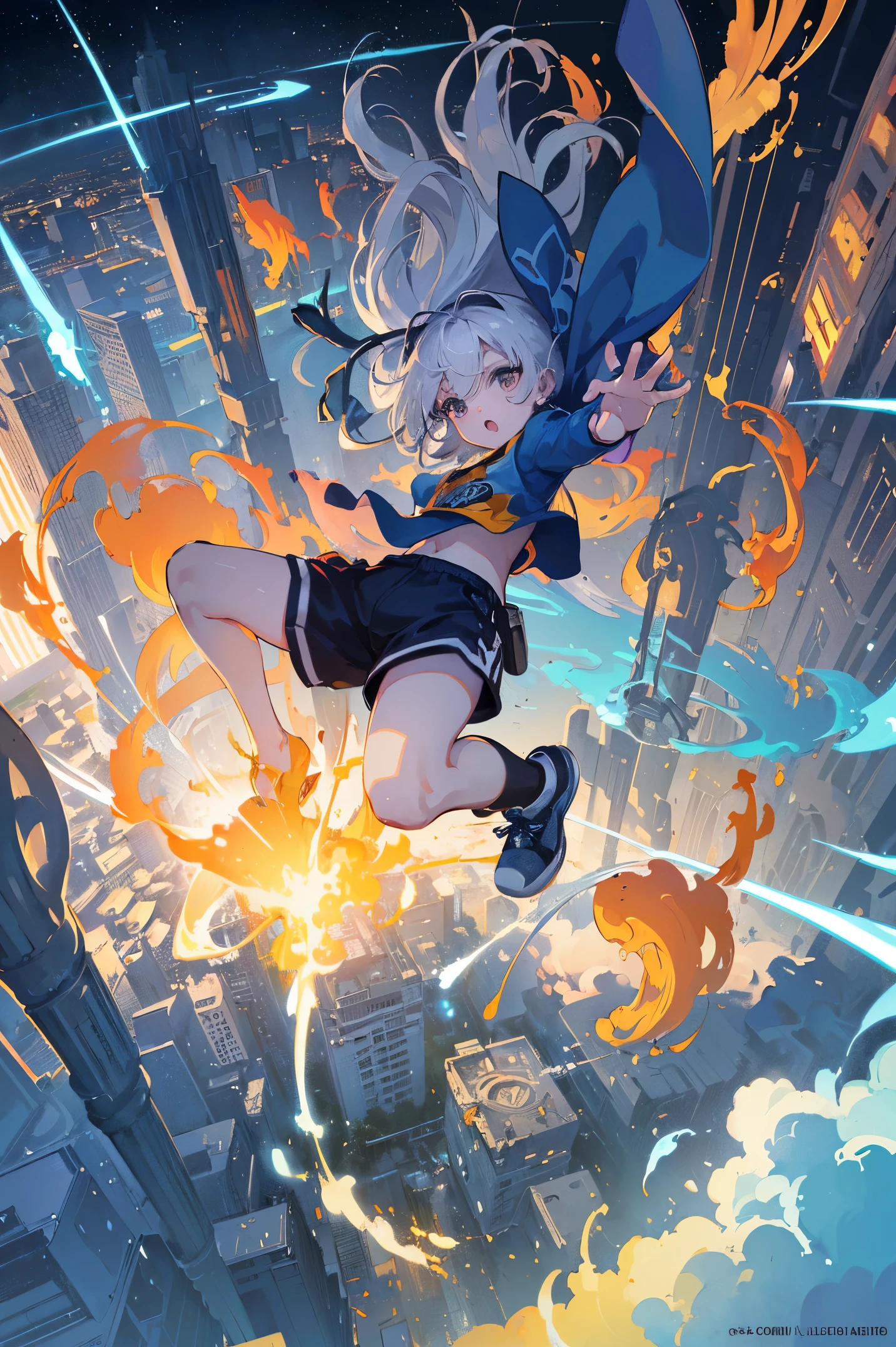 (masterpiece、top-quality、Official art:1.2)、Look at viewers、(chiquita,girl with))、(parkour clothes,colorless hair)(Jump from the building! ︎)(Showing off parkour! ︎),mysterious island、light group),floating colorful air、(2D:1.5)