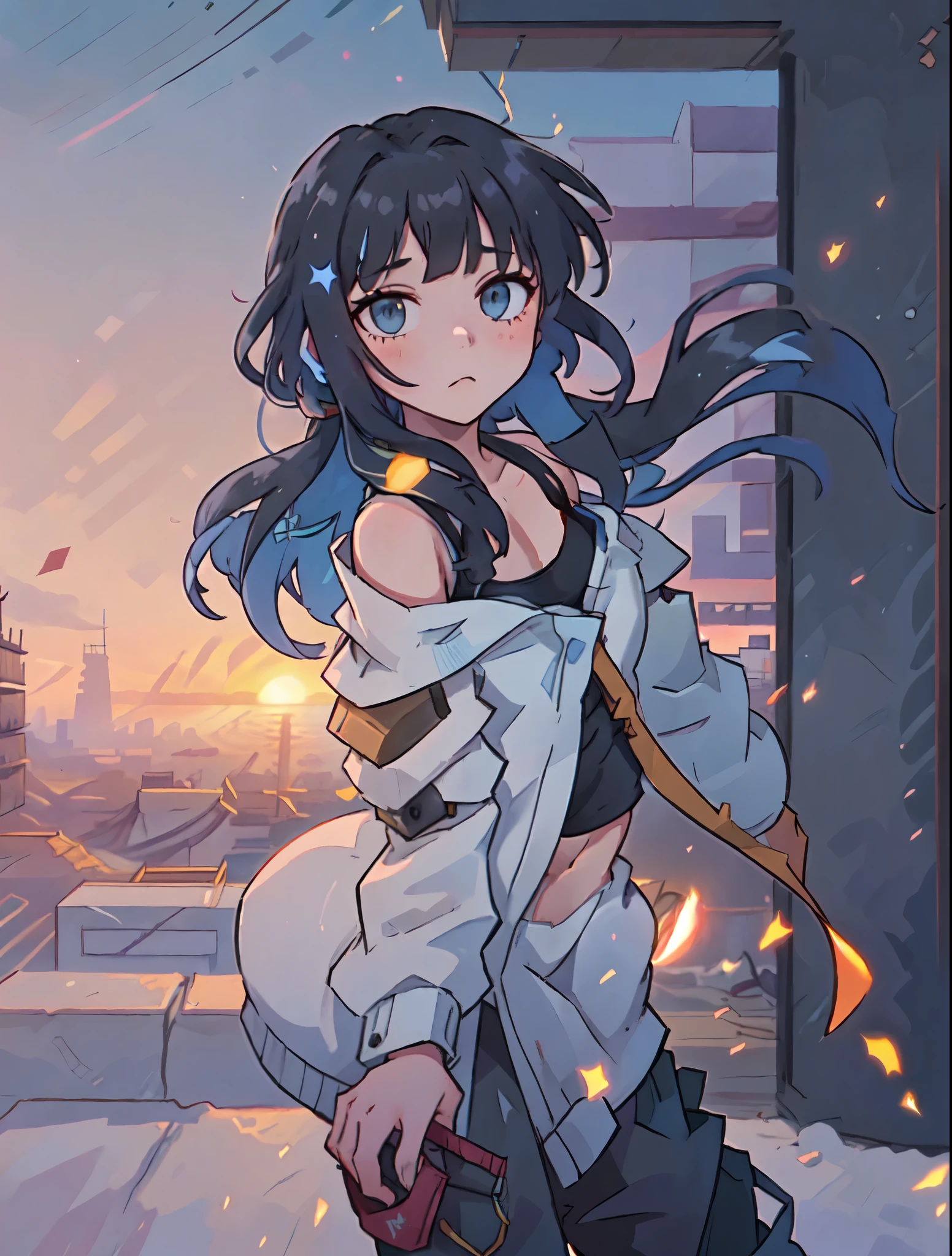 Focus on a girl with black medium-length hair.
Illustrate her standing at the high floors of an unfinished building, immersed in the quietude of the heights. Present the setting of an unfinished building with steel structures, with the sunset casting its glow.
Highlight the interplay of sunset's light and shadows between the steel structures and architecture. Emphasize the girl's blue eyes, capturing the loneliness in her gaze. wearing a construction site safety helmet.
Depict her hair flowing elegantly in the wind, accentuating her sense of amidst the breeze. Describe the girl wearing a short tank top and cargo pants, suitable for the construction site's elevated environment.
Highlight scattered mechanical tools around her, showcasing her connection to the engineering surroundings.
