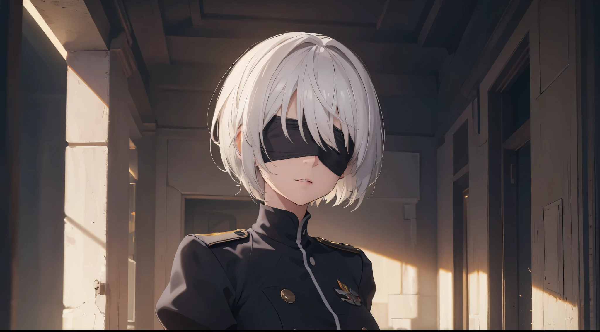 (extremely detailed CG unity 8k wallpaper), (masterpiece), (best quality), (ultra-detailed), (best illustration), (best shadow), (absurdres), 2b, 1girl, short hair, short ponytail, normal size boobs, white hair, blindfold solo, Intimidating women, admiral uniform, night, hero pose, white clothes, General Uniform, Military Uniform, Sunlight, exposed to sunlight,commander