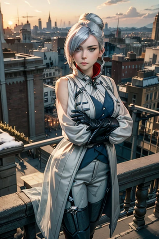 (masterpiece, best quality:1.2), cowboy shot, solo, 1girl, rwbywinter, expressionless, closed mouth, looking at viewer, crossed arms, hair over one eye, single hair bun, coat, coattails, yoga pants, gloves, standing on balcony, cityscape background