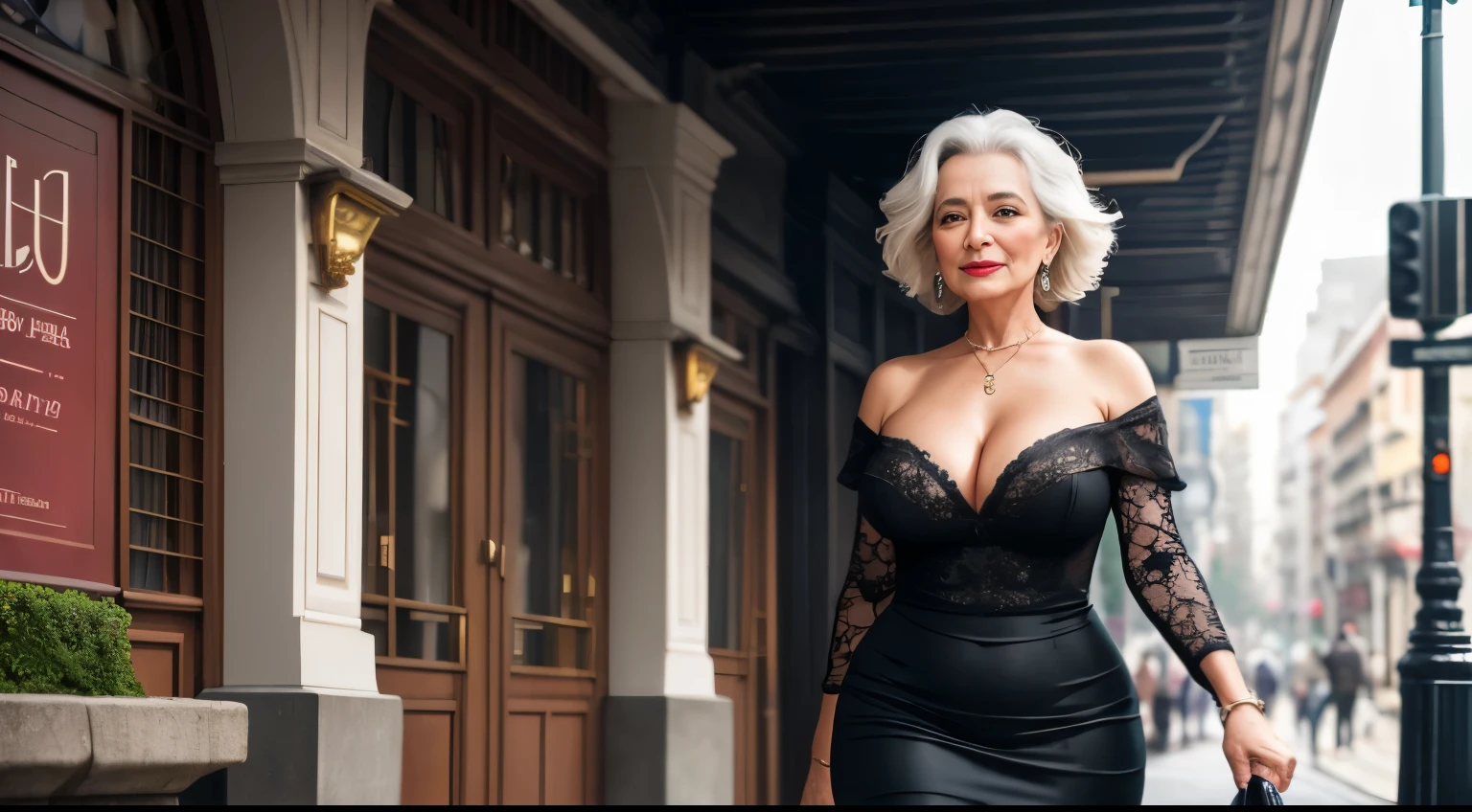 Aos 68 anos, this Belgian woman parades through urban streets with unshakable confidence, irradiando uma sensualidade cativante em seu deslumbrante vestido longo de seda cor vinho. Seu traje, uma obra-prima de escolhas cuidadosas, embraces your curves in an enveloping way, elegantly shaping your body and revealing a subtle neckline that adds an irresistible hint of sensual authenticity.

O tecido luxuoso do vestido flui graciosamente ao redor de sua figura, combining the serenity of age with modern elegance. Neste contexto urbano, its presence stands out in an imposing way, contrastando com a paisagem da cidade de uma forma que celebra a diversidade e a beleza de uma mulher mais velha.

Every step she takes is a celebration of a life lived fully, with her delicately styled gray hair adding a layer of sophistication and experience to her image. Seu sorriso, enlightened by countless experiences, reflects not only beauty, but also an unshakable confidence.

Os olhos, agora mais serenos e expressivos, capture the pulsating essence of the city, revealing a woman who embraces modernity with grace and charm. A pele, a tapestry of stories and experiences, highlights its unique authenticity amidst the urban hustle and bustle.

This enhanced portrait highlights this older woman&#39;s compelling presence, underlining her captivating beauty that stands out elegantly in the urban settings she explores, a true muse of sophistication and confidence, celebrating the sensuality and elegance of maturity.