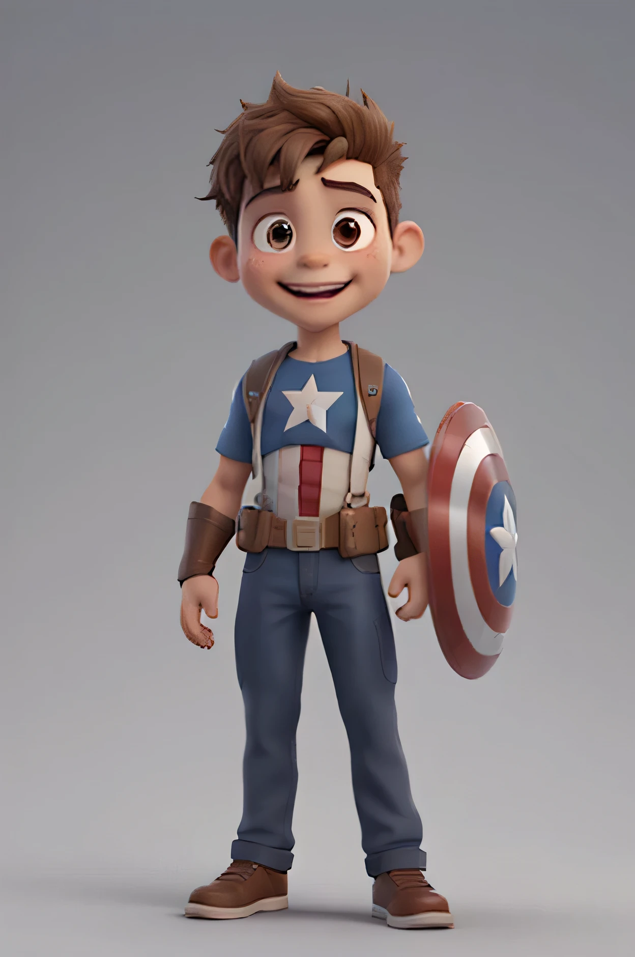 dibujar nei, He is a 3 year old boy with tan skin., pelo corto a la altura de las orejas, with a small, ondulado, mohawk oscuro. el es latinoamericano, tiene una gran sonrisa y brillante, Curiosos ojos marrones. He is wearing Captain America's superhero suit and his shield.. Quiero que tenga un estilo de libro de cuentos....esta sobre un fondo blanco. todo el cuerpo. Volando! TIENE TESOROS EN LA MANO, ORO JOYAS, COSAS FANTASTICAS