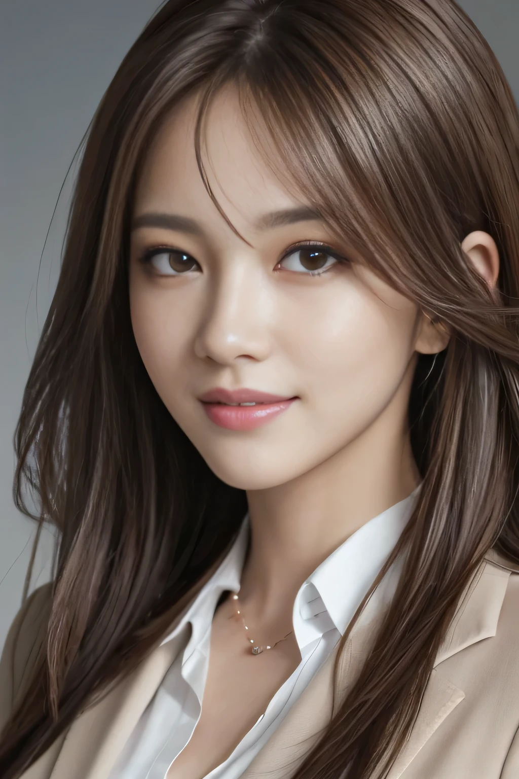 masutepiece, Best Quality, Photorealistic, Ultra-detailed, finely detail, High resolution, 8K Wallpaper, 1 beautiful woman,, light brown messy hair, in a business suit, foco nítido, Perfect dynamic composition, Beautiful detailed eyes, detailed hairs, Detailed realistic skin texture, Smiling, Close-up portrait, Model body type