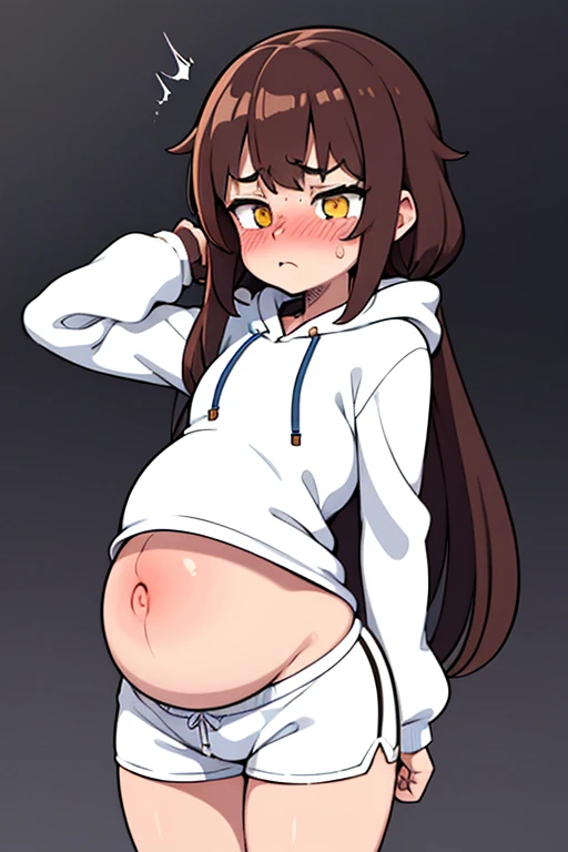 ((beste-Qualit, tmasterpiece)),
a 1girl, beste-Qualit,tmasterpiece,hairlong,white hoodie,white shorts,Brown hair,blue bangs,yellow eyes, pregnant, navel peeking under hoodie, blushing, red blush on cheeks, embarrassed expression, motion lines from stomach, trembling lines around stomach, stomach blush