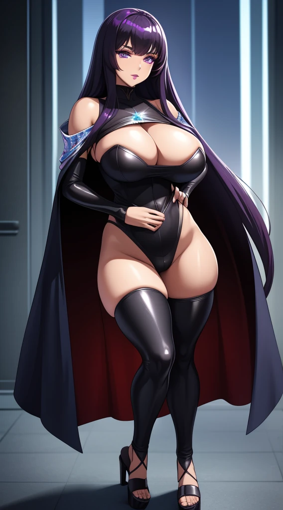 (heading into battle), 1girl, solo, full body, dark brown skinned, professional eye lashes makeup, lipstick painted thick lips, smoky eyeshadow, sheer futuristic top, big breasts, holographic royal cloak, thin feminine shoulders, shimmering sash cinched tight, toned narrow waist, maskintight shiny yoga pants, wide hips, kneehigh socks, long legs, glittery high heel sandals, UHD, 8k, masterpiece, high quality, high detail, ultra-detailed, blue long hair, purple eyes