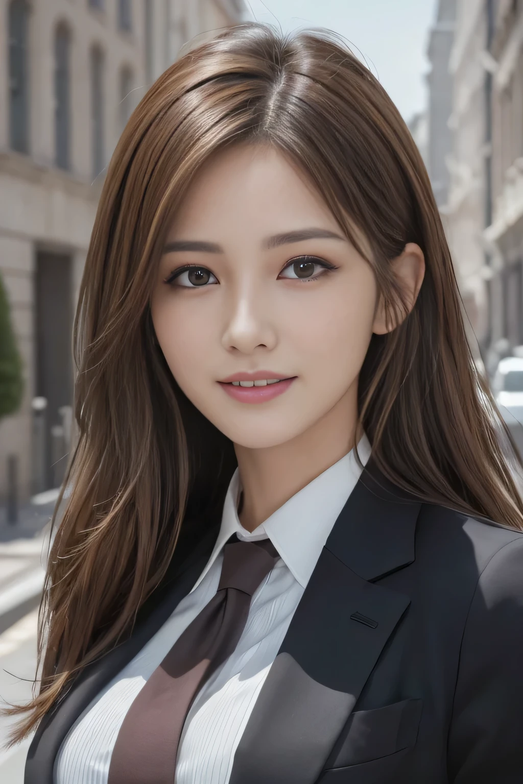 masutepiece, Best Quality, Photorealistic, Ultra-detailed, finely detail, High resolution, 8K Wallpaper, 1 beautiful woman,, light brown messy hair, in a business suit, foco nítido, Perfect dynamic composition, Beautiful detailed eyes, detailed hairs, Detailed realistic skin texture, Smiling, Close-up portrait, Model body type