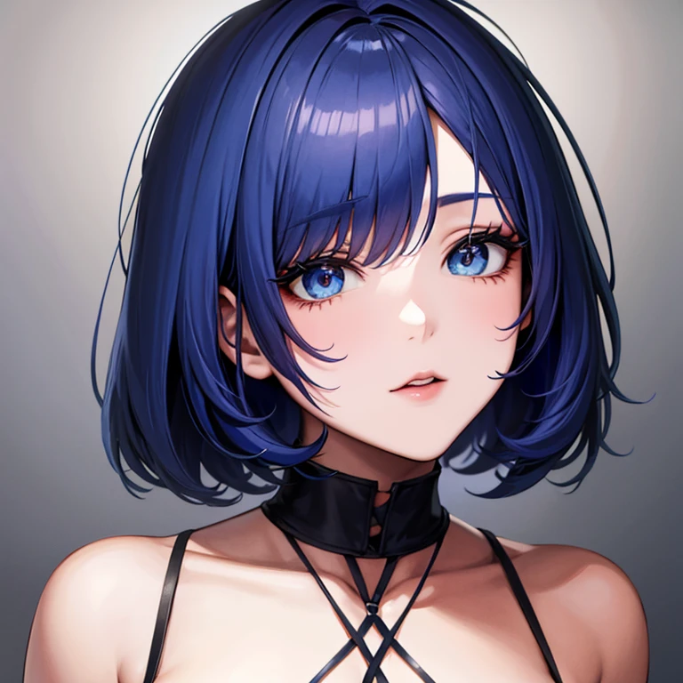 16 year old anime girl, cabello bob corto negro con azul, delgada, cadera grande, tiny breast, ropa casual en color negro con violeta