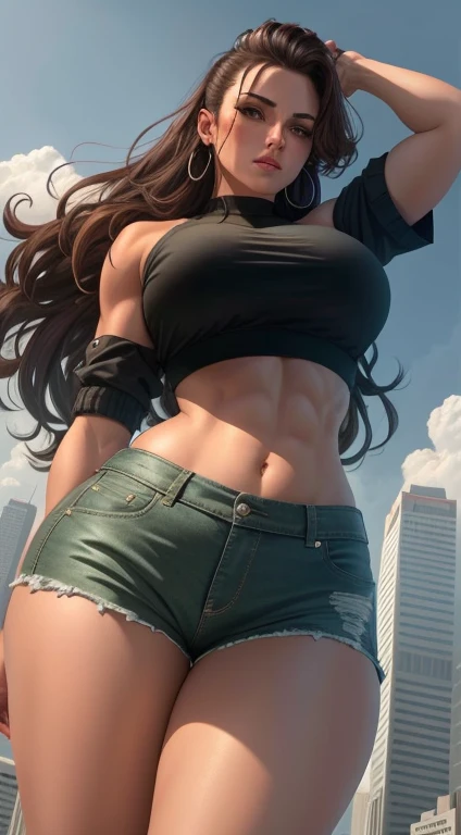 "A towering Giantess in a cool and laid-back style is wearing a small crop top and tight fitting stretch shorts. Her toned and athletic build hints at her massive strength. She seems to be casually strolling through the bustling cityscape of GTS City, as towering buildings loom overhead. clouds roil around her, adding to the sense of epic scale and drama. The lighting is dark, gloomy, and realistic, creating a tense and ominous atmosphere. The perspective is from below, emphasizing the sheer majesty and power of the Giantess."