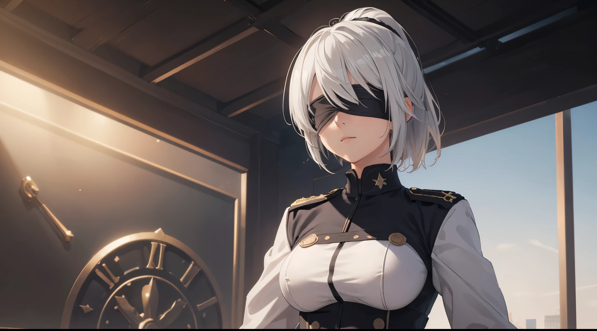 (extremely detailed CG unity 8k wallpaper), (masterpiece), (best quality), (ultra-detailed), (best illustration), (best shadow), (absurdres), 2b, 1girl, short hair, short ponytail, normal size boobs, white hair, blindfold solo, Intimidating women, admiral uniform, night, hero pose, white clothes, General Uniform, Military Uniform, Sunlight, exposed to sunlight,commander