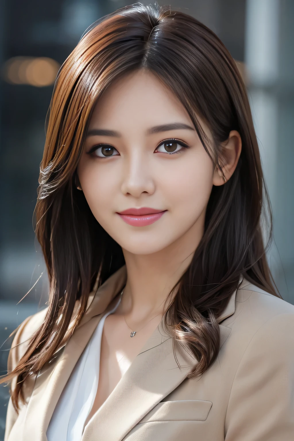 masutepiece, Best Quality, Photorealistic, Ultra-detailed, finely detail, High resolution, 8K Wallpaper, 1 beautiful woman,, light brown messy hair, in a business suit, foco nítido, Perfect dynamic composition, Beautiful detailed eyes, detailed hairs, Detailed realistic skin texture, Smiling, Close-up portrait, Model body type