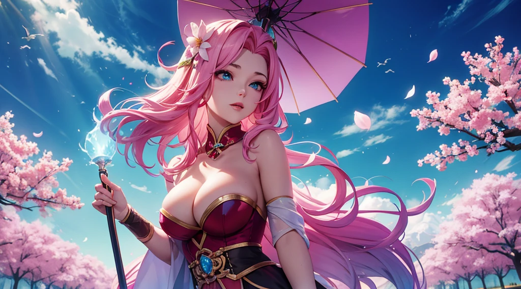 seraphine1, league of legends, pink hair, big boobs, cleavage, digital illustration, vibrant colors, soft lighting, perfect face, absurdres, ultrasharp, 8K, long hair, sakura flowers, princess, chinese dynasty, spirit blossom, glowing effects, petals, long dress, flowing wind, chinese umbrella