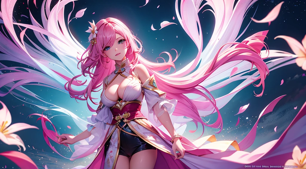 seraphine1, league of legends, pink hair, big boobs, cleavage, digital illustration, vibrant colors, soft lighting, perfect face, absurdres, ultrasharp, 8K, long hair, sakura flowers, princess, chinese dynasty, spirit blossom, glowing effects, petals, long dress, flowing wind, chinese umbrella