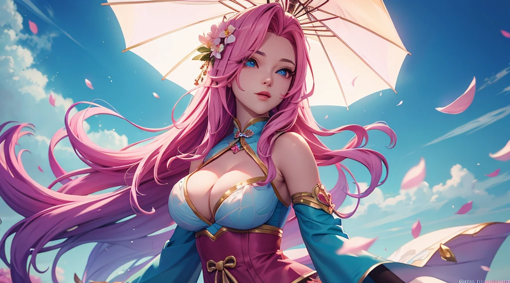 seraphine1, league of legends, pink hair, big boobs, cleavage, digital illustration, vibrant colors, soft lighting, perfect face, absurdres, ultrasharp, 8K, long hair, sakura flowers, princess, chinese dynasty, spirit blossom, glowing effects, petals, long dress, flowing wind, chinese umbrella
