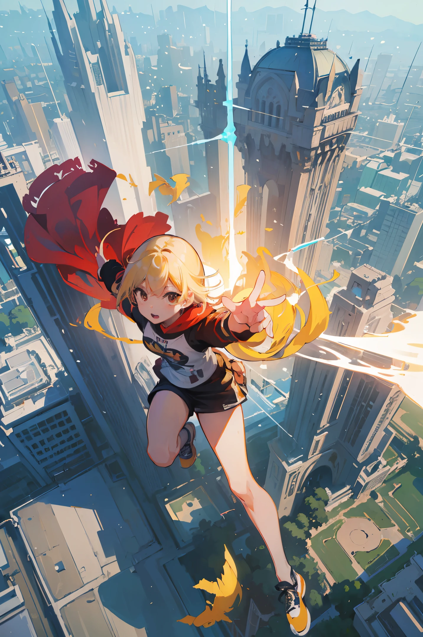 (masterpiece、top-quality、Official art:1.2)、Look at viewers、(chiquita,girl with))、(parkour clothes,colorless hair)(Jump from the building! ︎)(Showing off parkour! ︎),mysterious island、light group),floating colorful air、(2D:1.5)