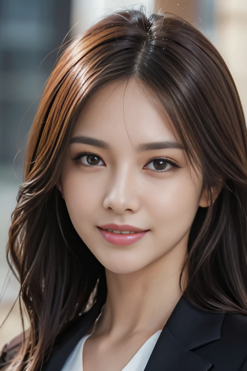 masutepiece, Best Quality, Photorealistic, Ultra-detailed, finely detail, High resolution, 8K Wallpaper, 1 beautiful woman,, light brown messy hair, in a business suit, foco nítido, Perfect dynamic composition, Beautiful detailed eyes, detailed hairs, Detailed realistic skin texture, Smiling, Close-up portrait, Model body type