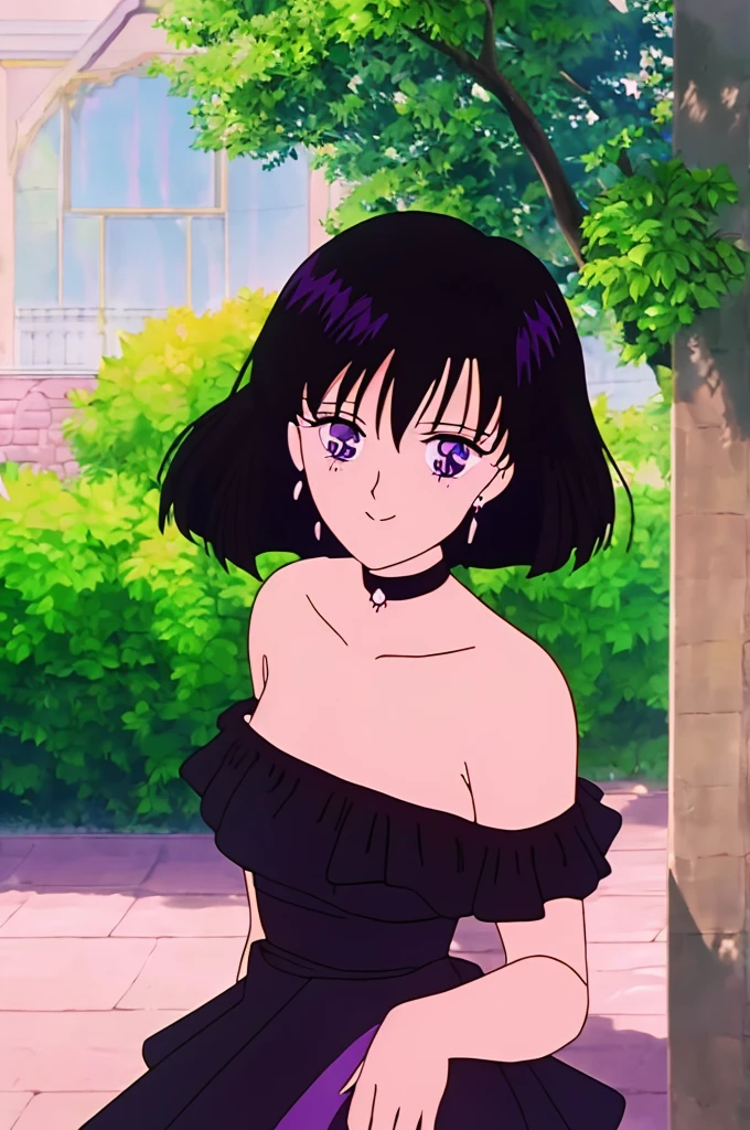 anime screencap, garden background, outside, sunny day, 1 girl, solo, hand on the sides, short hair, black hair, bob cut, purple eyes, black dress, Black Ruffle Off-the-Shoulder Top, Black Off-the-Shoulder Dress, Strapless black Dress, bare arms, longer skirt, sleeveless, bare shoulders, smile, standing up, looking at viewer, hair between eyes, close up portrait, high quality, masterpiece