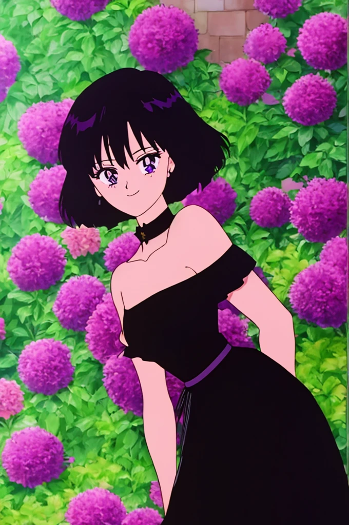 anime screencap, garden background, outside, sunny day, 1 girl, solo, hand on the sides, short hair, black hair, bob cut, purple eyes, black dress, Black Ruffle Off-the-Shoulder Top, Black Off-the-Shoulder Dress, Strapless black Dress, bare arms, longer skirt, sleeveless, bare shoulders, smile, standing up, looking at viewer, hair between eyes, close up portrait, high quality, masterpiece