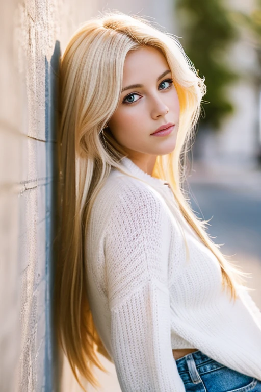 Blonde woman with long hair leaning against a wall in a white sweater, digital art inspired by Károly Lotz, Tendances sur CG Society, digital art, belle fille Blonde, belle femme Blonde, Blonde, Femme Blonde, photo of a beautiful woman, Beautiful soft lighting, Beautiful soft lighting, in white clothes, Une belle femme en blanc, dressed in a white shirt