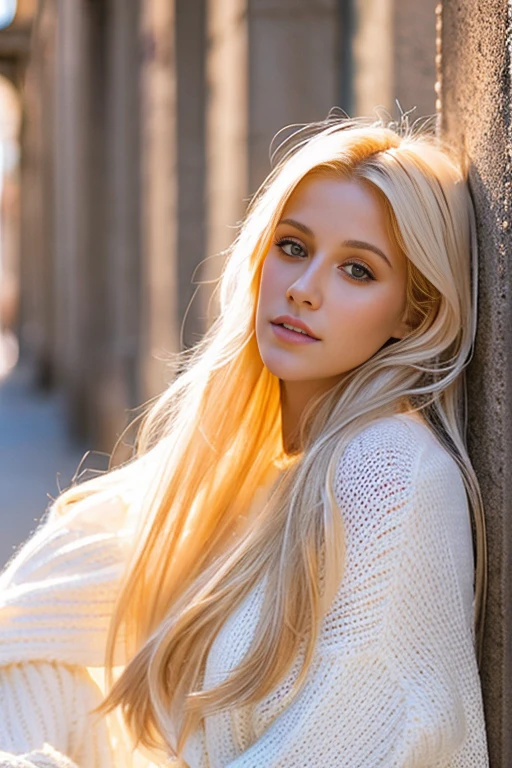 Blonde woman with long hair leaning against a wall in a white sweater, digital art inspired by Károly Lotz, Tendances sur CG Society, digital art, belle fille Blonde, belle femme Blonde, Blonde, Femme Blonde, photo of a beautiful woman, Beautiful soft lighting, Beautiful soft lighting, in white clothes, Une belle femme en blanc, dressed in a white shirt