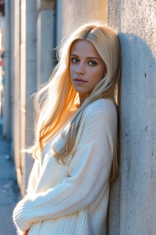 Blonde woman with long hair leaning against a wall in a white sweater, digital art inspired by Károly Lotz, Tendances sur CG Society, digital art, belle fille Blonde, belle femme Blonde, Blonde, Femme Blonde, photo of a beautiful woman, Beautiful soft lighting, Beautiful soft lighting, in white clothes, Une belle femme en blanc, dressed in a white shirt
