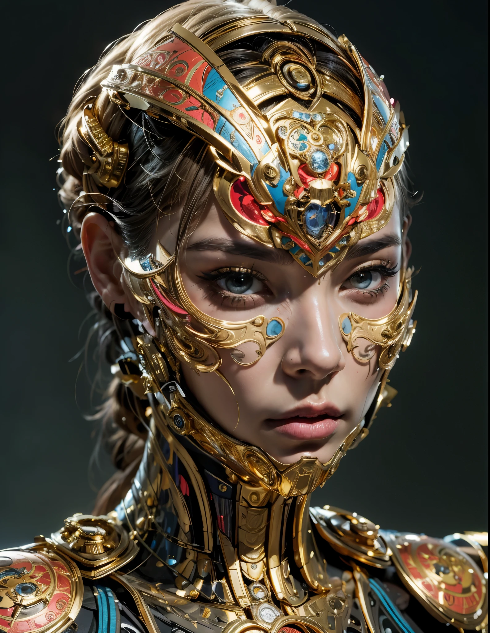 Close-up of beautiful girl with gold and blue mask, Portrait of the Cyborg Queen, Sci-Fi Face Interesting, Woman&#39;s face, cybernetic machine, Beautiful cyberpunk girl face, Portrait of a female man, (Realistic face details), intricate detailed, very high details, photo-hyper-realistic, 8k, UHD, hyperdetailed, (Dynamic Poses:1.4),