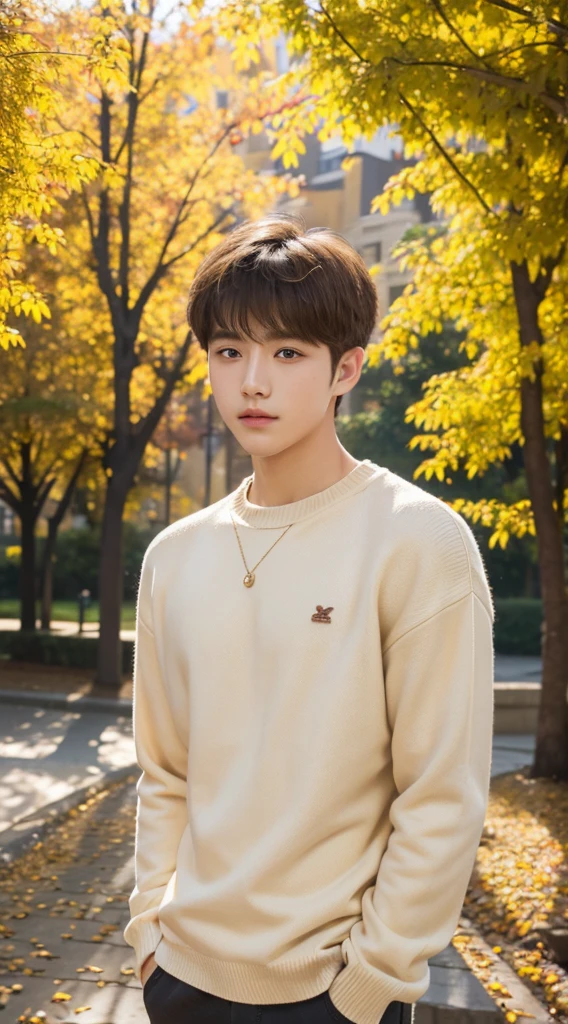 18 years old boy，Sweaters, blond with short hair, (upper part of body:1.2), Autumn park, Outdoor sports, volumettic light, Cinematic, golden age, natural  lightting, realistically, natural  lightting, professional DSLR camera,