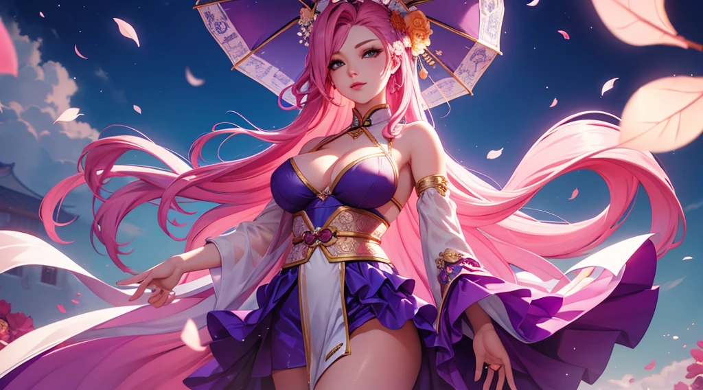 seraphine1, league of legends, pink hair, big boobs, cleavage, digital illustration, vibrant colors, soft lighting, perfect face, absurdres, ultrasharp, 8K, long hair, sakura flowers, princess, chinese dynasty, spirit blossom, glowing effects, petals, long dress, flowing wind, chinese umbrella