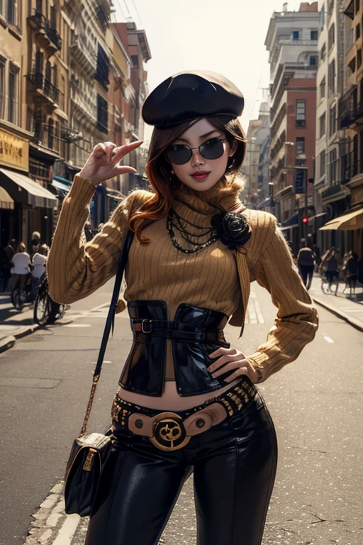 (masterpiece, best quality:1.2), cowboy shot, solo, 1girl, coco adel, grin, looking at viewer, hand on hip, beret, sunglasses, orange sweater, corset, black gloves, yoga pants, jewelry, belt, bandolier, night, moonlight, standing on busy street