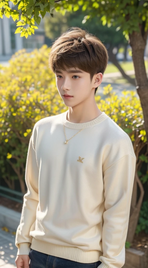 18 years old boy,Sweaters, blond with short hair, (upper part of body:1.2), Spring campus, Outdoor sports, volumettic light, Cinematic, golden age, natural lightting, realistically, natural lightting, professional DSLR camera,