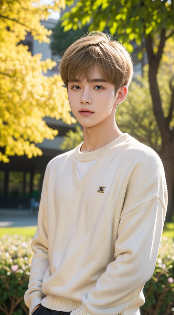 18 years old boy，Sweaters, blond with short hair, (upper part of body:1.2), Spring campus, Outdoor sports, volumettic light, Cinematic, golden age, natural  lightting, realistically, natural  lightting, professional DSLR camera,