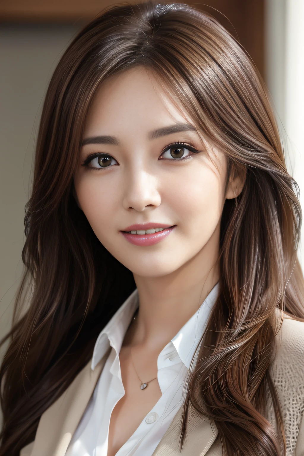 masutepiece, Best Quality, Photorealistic, Ultra-detailed, finely detail, High resolution, 8K Wallpaper, 1 beautiful woman,, light brown messy hair, in a business suit, foco nítido, Perfect dynamic composition, Beautiful detailed eyes, detailed hairs, Detailed realistic skin texture, Smiling, Close-up portrait, Model body type