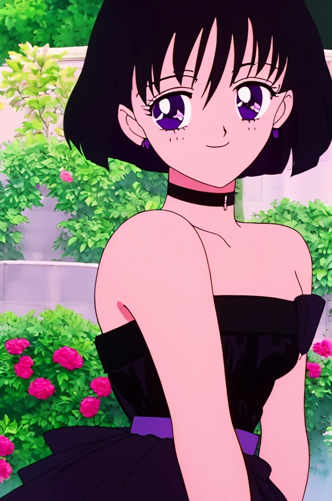 anime screencap, garden background, outside, sunny day, 1 girl, solo, hand on the sides, short hair, black hair, bob cut, purple eyes, black dress, Black Ruffle Off-the-Shoulder Top, Black Off-the-Shoulder Dress, Strapless black Dress, bare arms, longer skirt, sleeveless, bare shoulders, smile, standing up, looking at viewer, hair between eyes, close up portrait, high quality, masterpiece