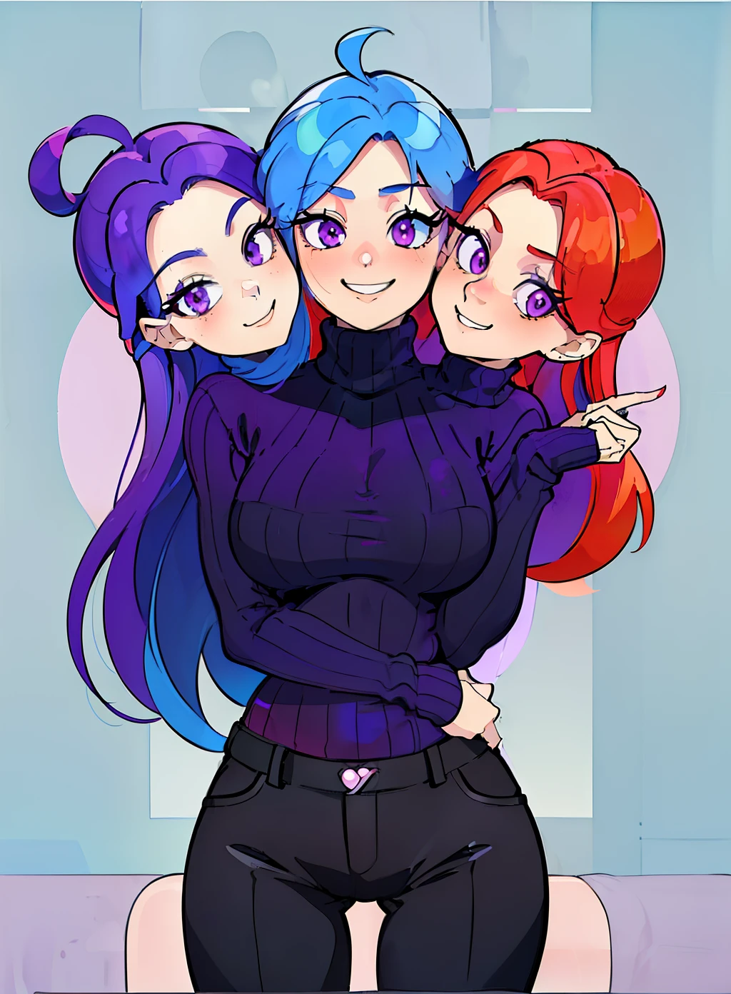 (masterpiece, best quality), best resolution, (3heads:1.5), 1girl,(vivid sky blue hair), (red orange hair), (violet purple hair), same eye color as the hair, smiling, giggling, friendly, inviting, ((very shy expression)), mature look, (dark gray turtleneck sweater), black long pants, vibrant colors, long hair, (hair clip), ((sharp looking eyes))