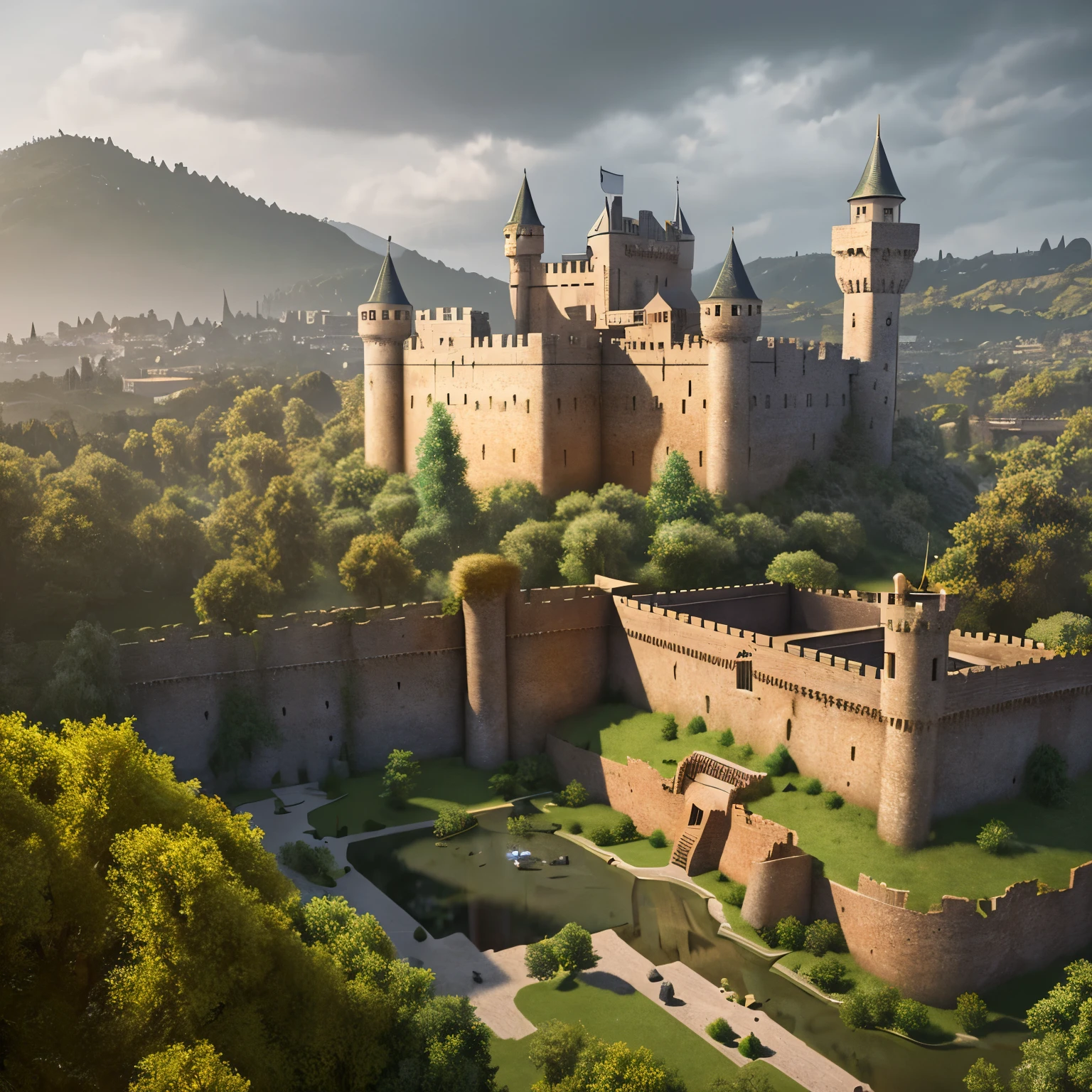 ((realistic: 1.5)),((best quality)), ((masterpiece)),((detailed)), scenery, a castle made of gold in the center, many forests and gardens inside the castle, walls around the castle, poor towns around, sewers, poverty, grey sky