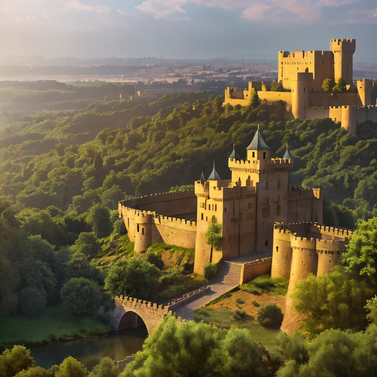 ((realistic: 1.5)),((best quality)), ((masterpiece)),((detailed)), scenery, a castle made of gold in the center, many forests and gardens inside the castle, walls around the castle, poor towns around, sewers, poverty, grey sky