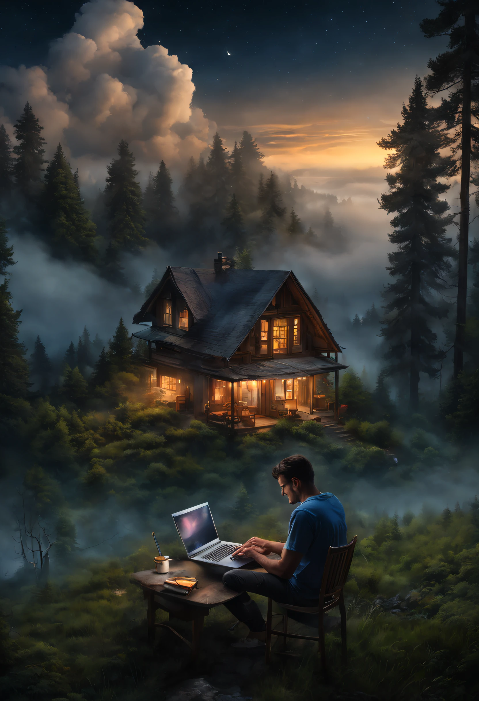 masterpiece, best quality, man working on his laptop, clouds, scenery, outdoor, nature, trees, night sky, fog, open view, beautiful, house in the forest