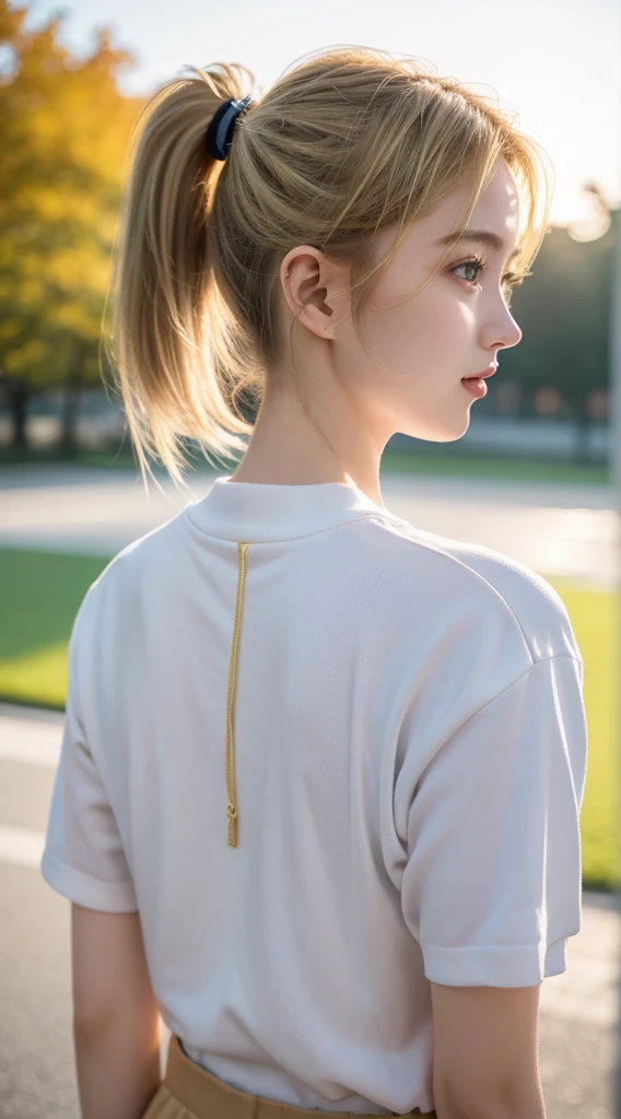 18yo Girl，校服, Blonde ponytail, (upper part of body:1.2), Spring campus, Outdoor sports, volumettic light, Cinematic, golden age, natural  lightting, realistically, natural  lightting, professional DSLR camera,