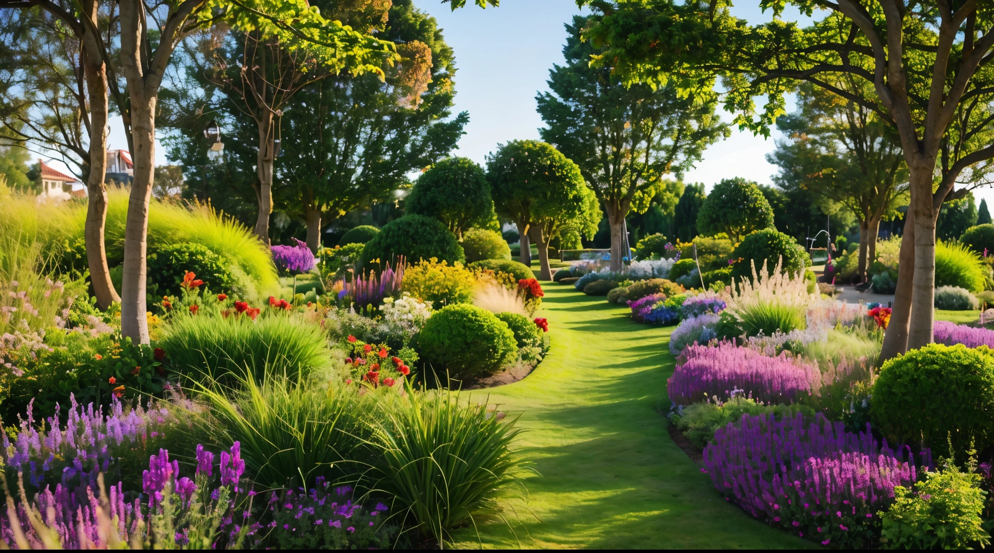 Best quality at best, 4K, A high resolution, tmasterpiece:1.2, ultra - detailed, actual:1.37, Park scenery photos, lively flower tropical garden, cellshading:1.2, Ray traching:1.3, Enhance contrast:1.3, tropical garden, blooming flower, Wide angle field of view, Viewing view