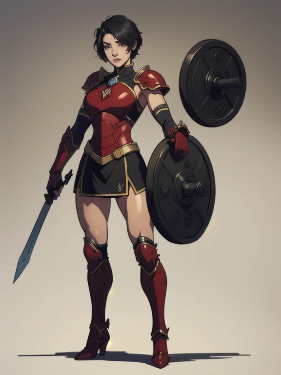no background, background clean, standing character full body ((solo)), warrior female beautiful adult, perfect fitness body,  beautiful charming cute face, short black hair, pretty detail eyes, beautiful detailed lips, extremely detailed eyes and face,  red armor knight