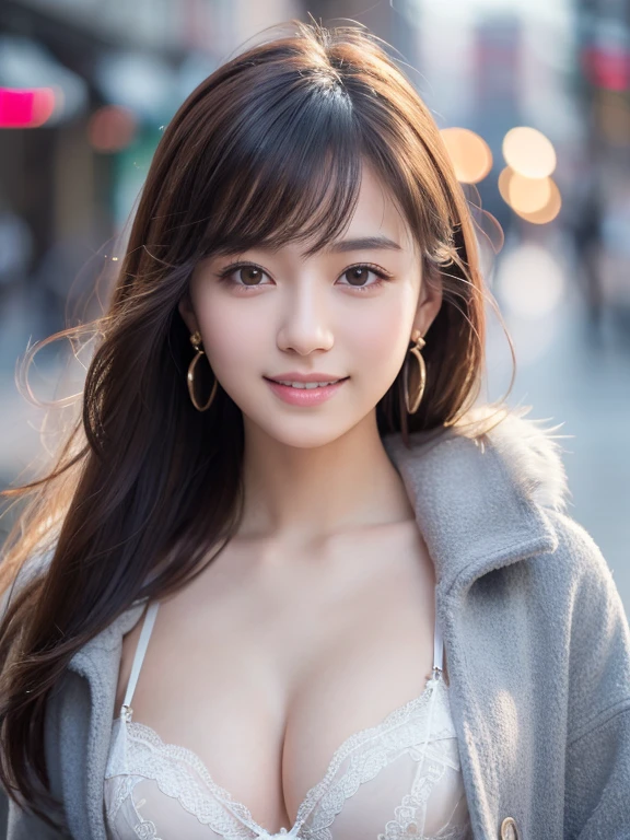 (8k, RAW photo, best quality, masterpiece, extremely detailed:1.2),(realistic, photo-realistic:1.4), sharp focus, detailed 8k background, soft light, cute Japanese idol, (detailed skin: 1.2), 20 years old, extremely detailed face, pale skin, brown eyes, smiling, earrings, looking at viewer, (gray winter coat:1.2), urban city, medium size breasts, shirt formal, lingerie, cleavage, morning